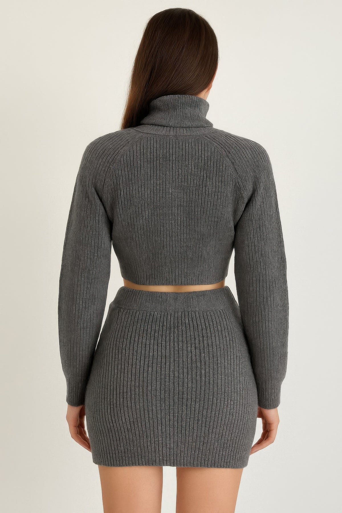 Rear view of the charcoal-gray Knit Mock Neck Top And Skirt showing the plain ribbed back, cropped hem, and fitted mini skirt