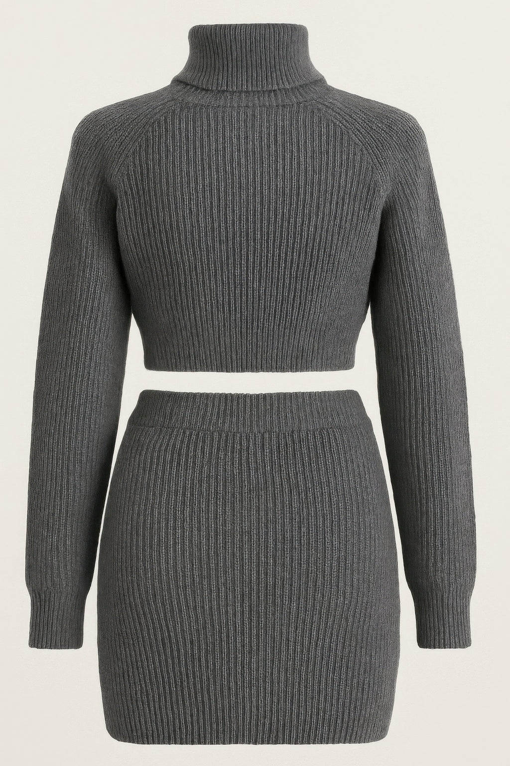 Product-only rear view of the charcoal-gray Knit Mock Neck Top And Skirt showing the folded neck, long sleeves, rib knit, and skirt waistband