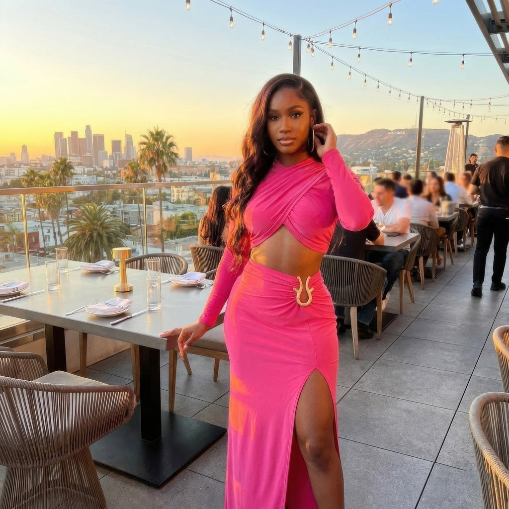 Pink Authority Maxi Set rooftop restaurant view showing crossover top and high-slit maxi skirt