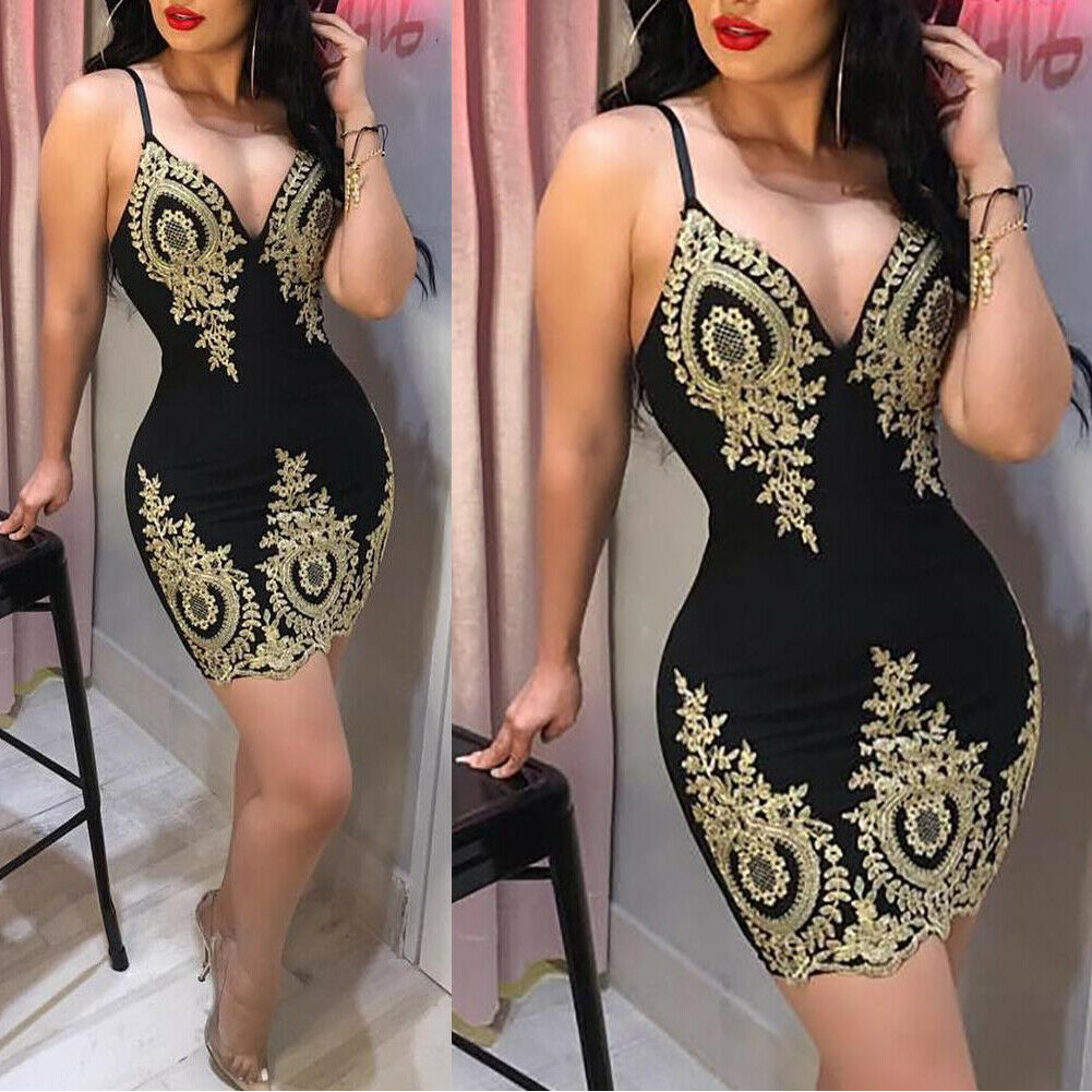 Midnight Royalty Embroidered Mini Dress supplier image 3 showing the black fitted mini dress with gold-tone embroidery
