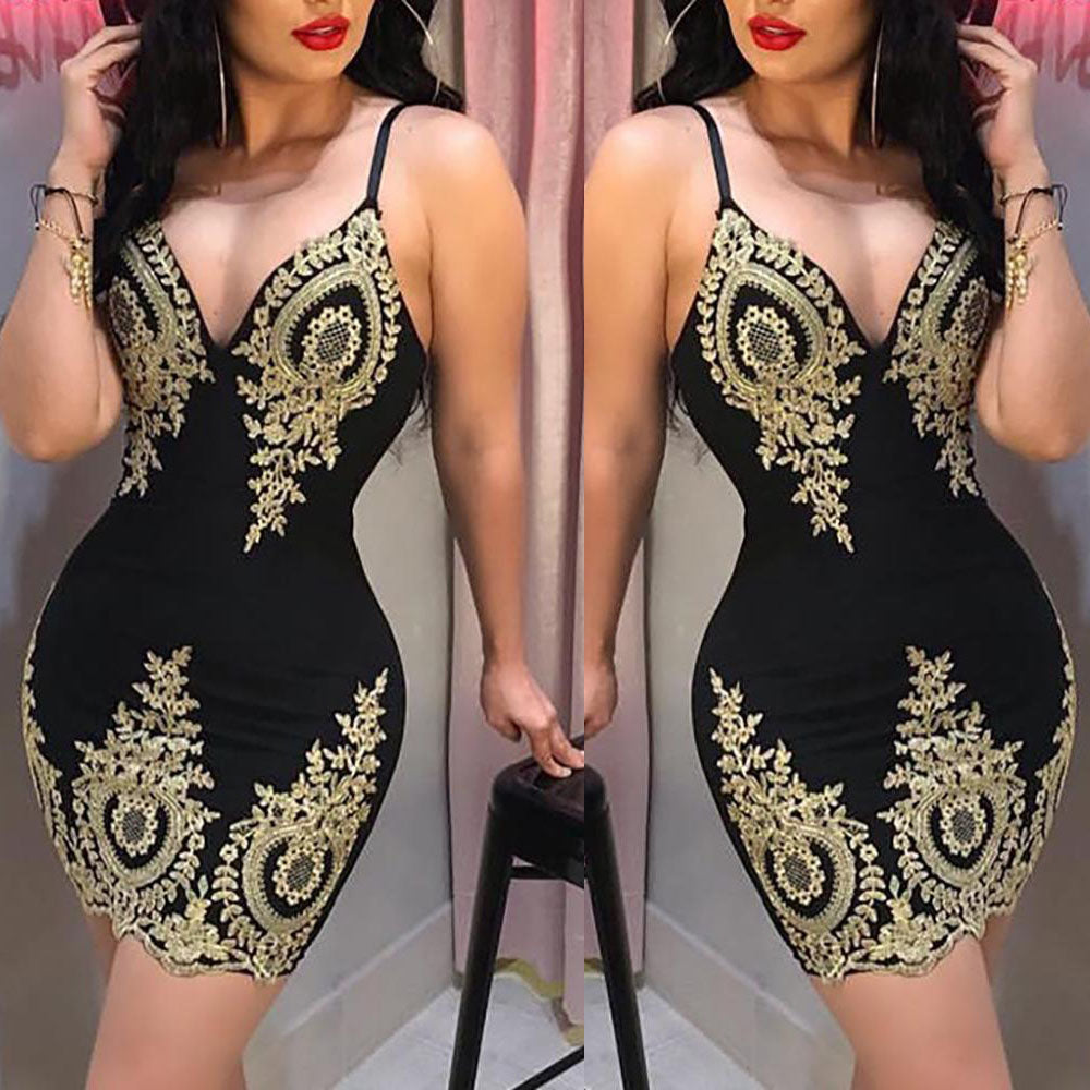 Midnight Royalty Embroidered Mini Dress supplier image 6 showing the black fitted mini dress with gold-tone embroidery