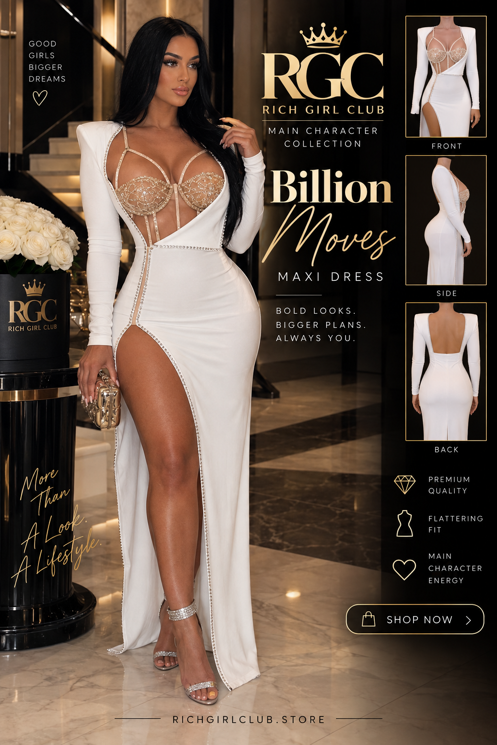 Model wearing a white long-sleeve maxi dress with a plunging cutout, sheer mesh panels, and a high thigh slit. Shown in an RGC campaign graphic with front, side, and back detail insets.