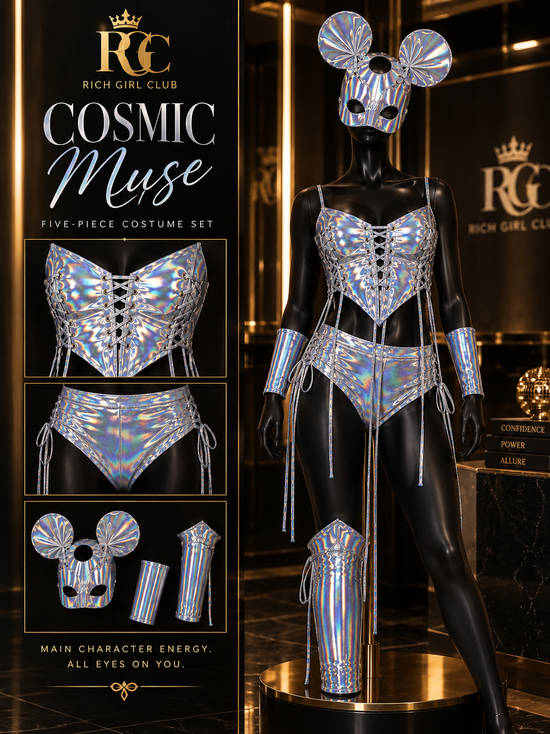 Cosmic Muse Set RGC mannequin detail showing the holographic lace-up top, matching shorts, headgear, one sleeve or cuff, and one leg cover.