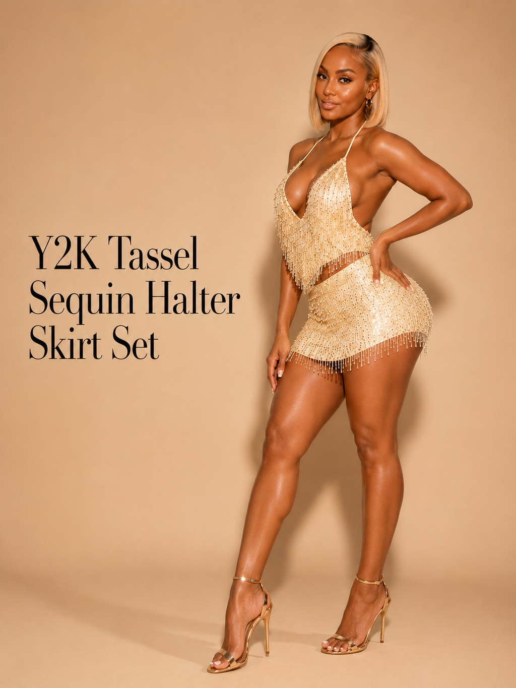 Y2K Tassel Sequin Halter Skirt Set