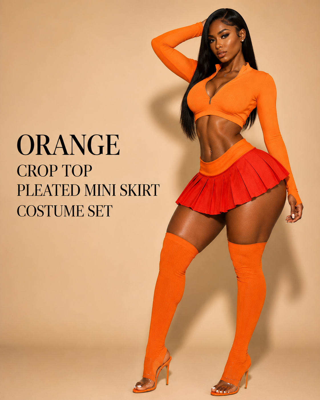 Adult model wearing the orange crop top, red pleated mini skirt, and coordinating orange thigh-high socks