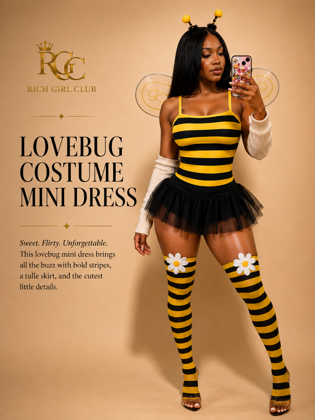 RGC Lovebug campaign featuring the yellow-and-black bumblebee costume mini dress with tulle skirt, wings, antennae, arm warmers, and striped stockings.