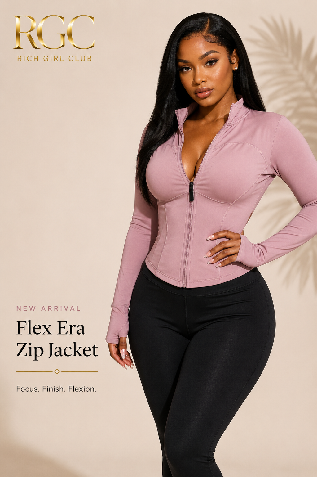 Adult model wearing the dusty pink Flex Era Zip Jacket with full zipper and curved seam panels