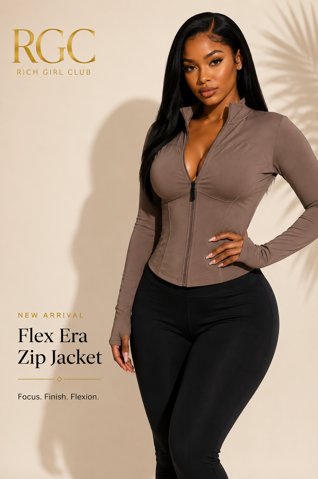 Adult model wearing the taupe Flex Era Zip Jacket with stand collar, full zipper and thumbhole cuffs