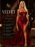 Velvet Desire red satin maxi dress campaign featuring an adult model in a nighttime luxury setting