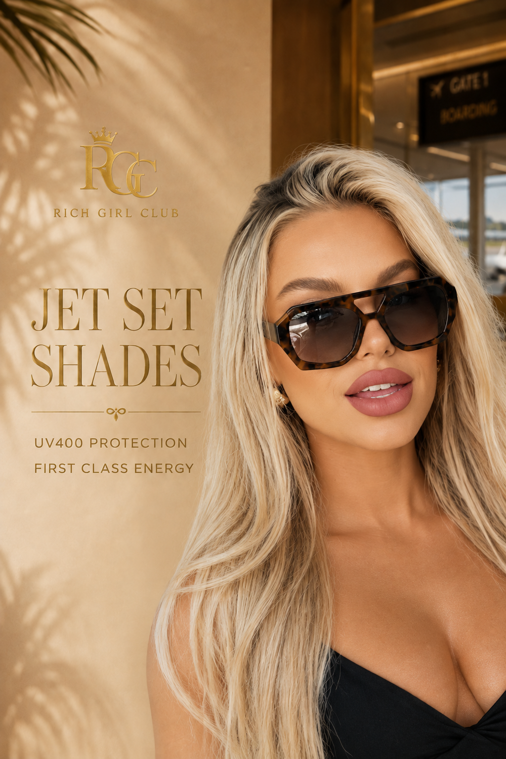 Adult model wearing oversized tortoiseshell Jet Set sunglasses in a Rich Girl Club campaign.