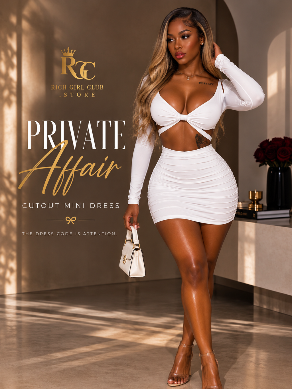 Adult model wearing the white Private Affair cutout mini dress in a Rich Girl Club campaign
