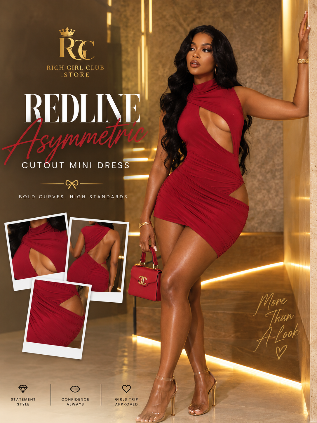 Redline Asymmetric Cutout Mini Dress in red — Rich Girl Club campaign hero