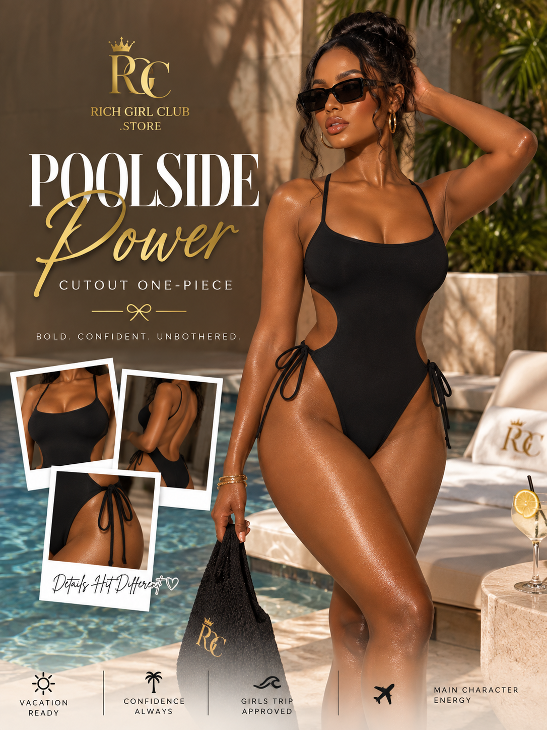 Poolside Power Cutout One-Piece in black — Rich Girl Club poolside campaign image