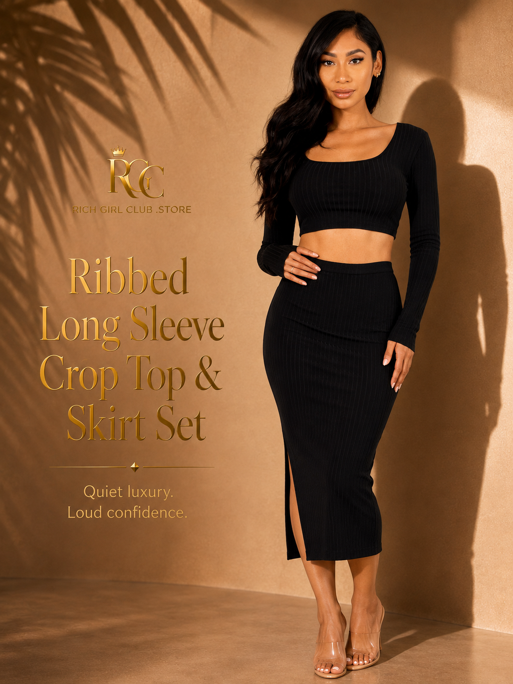 RGC campaign image of a woman wearing the black ribbed square-neck long-sleeve crop top and matching high-waist midi skirt with front-side slit.