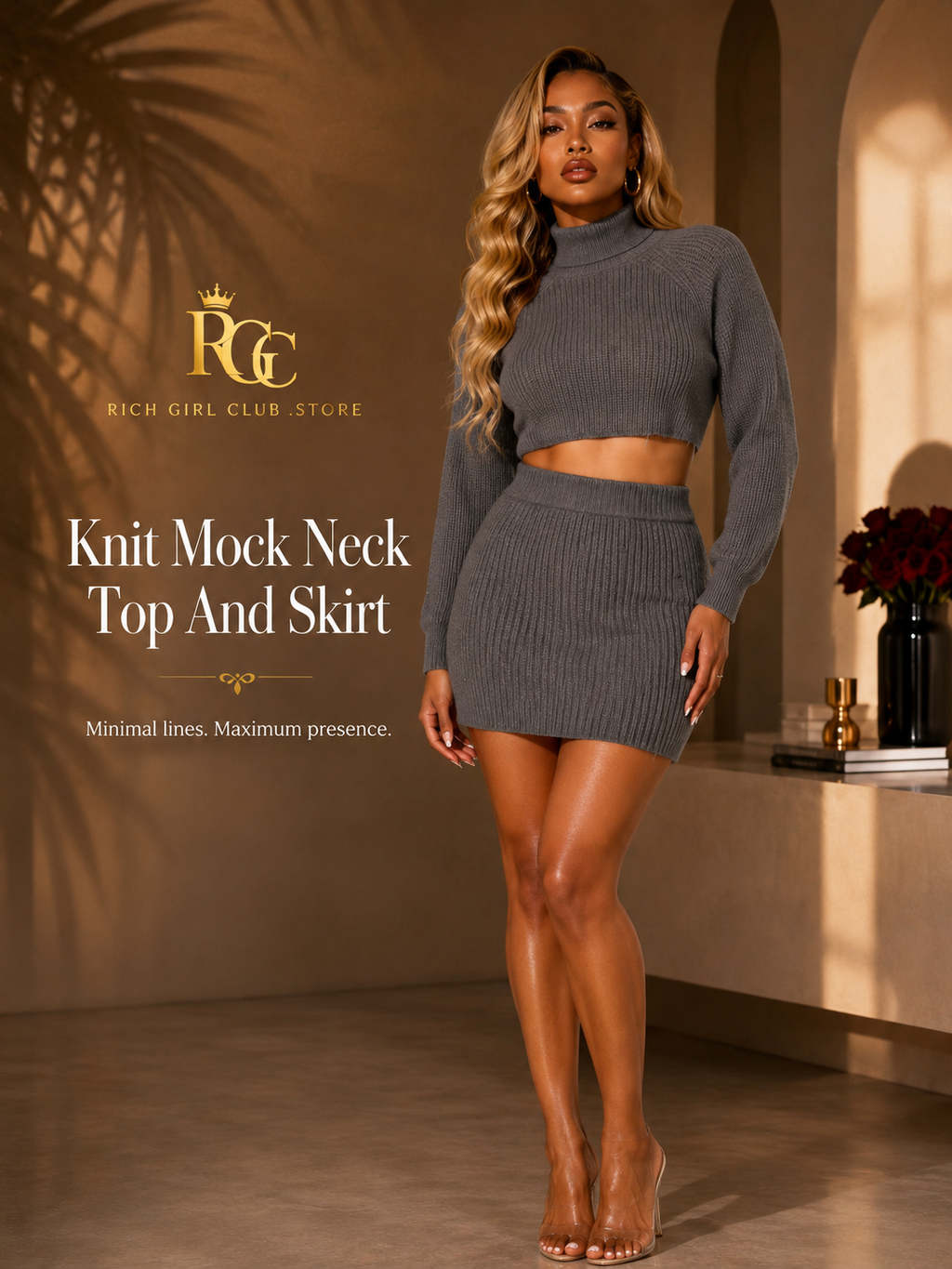 RGC campaign model wearing the charcoal-gray Knit Mock Neck Top And Skirt with cropped ribbed turtleneck and matching mini skirt