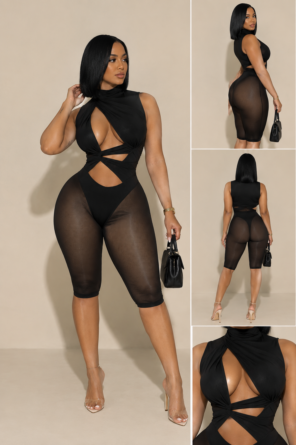 RGC campaign collage showing front, side and back views of the Black Main Character Energy Mesh Cutout Jumpsuit
