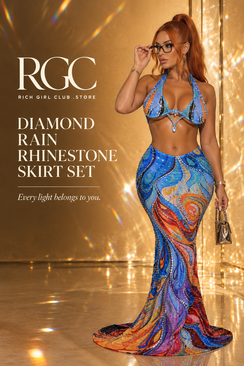 RGC campaign image of the Diamond Rain Rhinestone Skirt Set showing its floral-gradient rhinestone finish