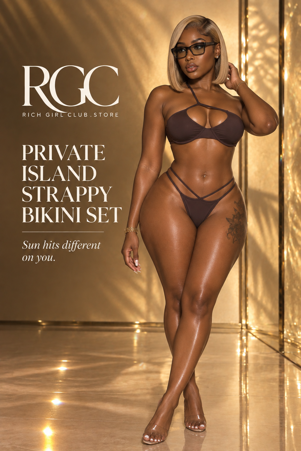 Private Island brown strappy one-shoulder bikini set on RGC model, campaign hero