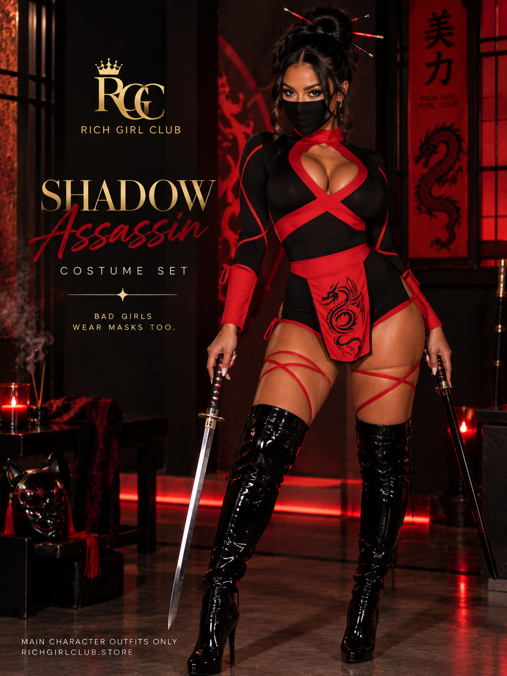 Shadow Assassin costume showing the crossover neckline and graphic front panel.