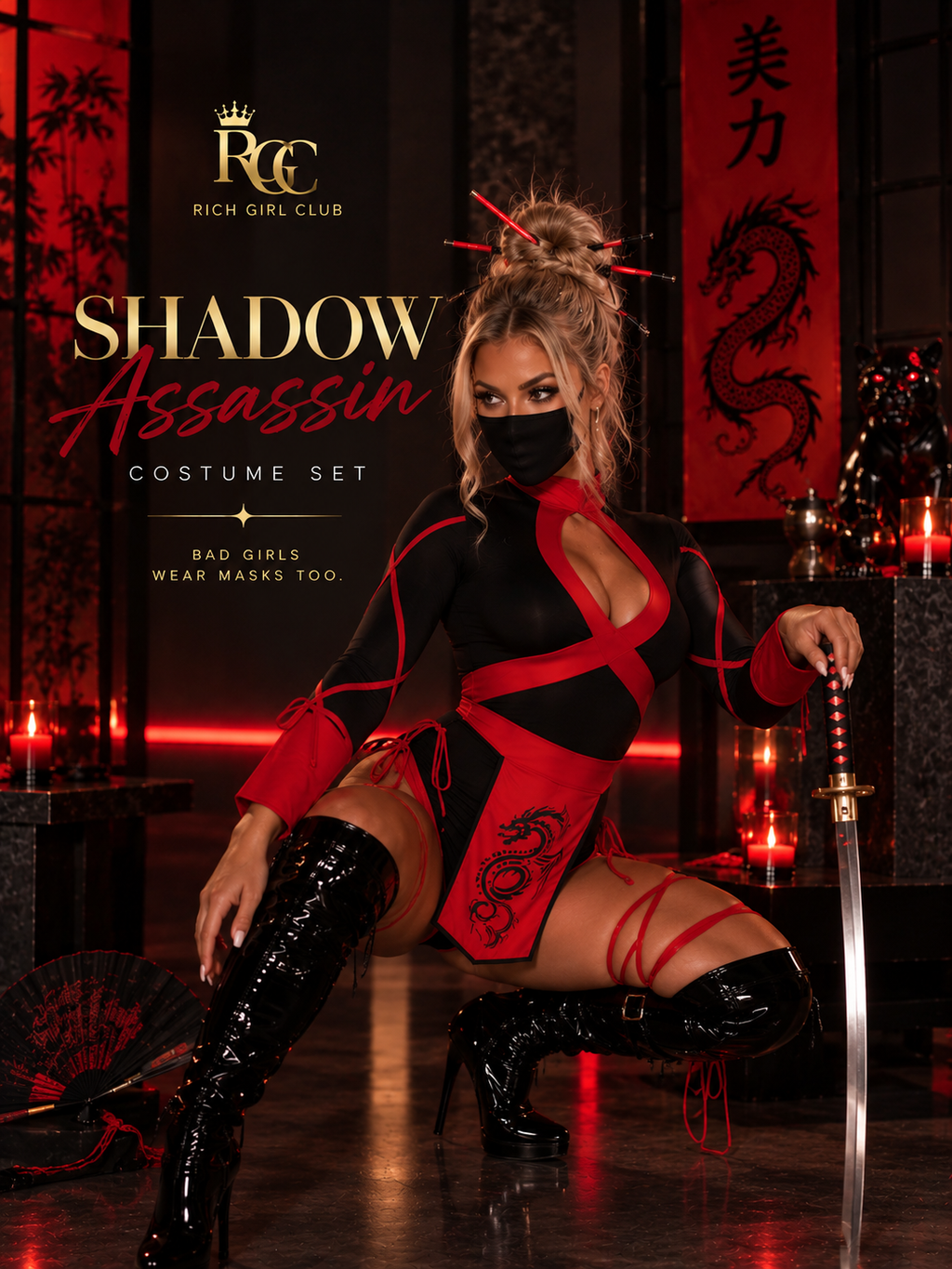 Shadow Assassin costume showing the fitted silhouette and statement thigh ties.