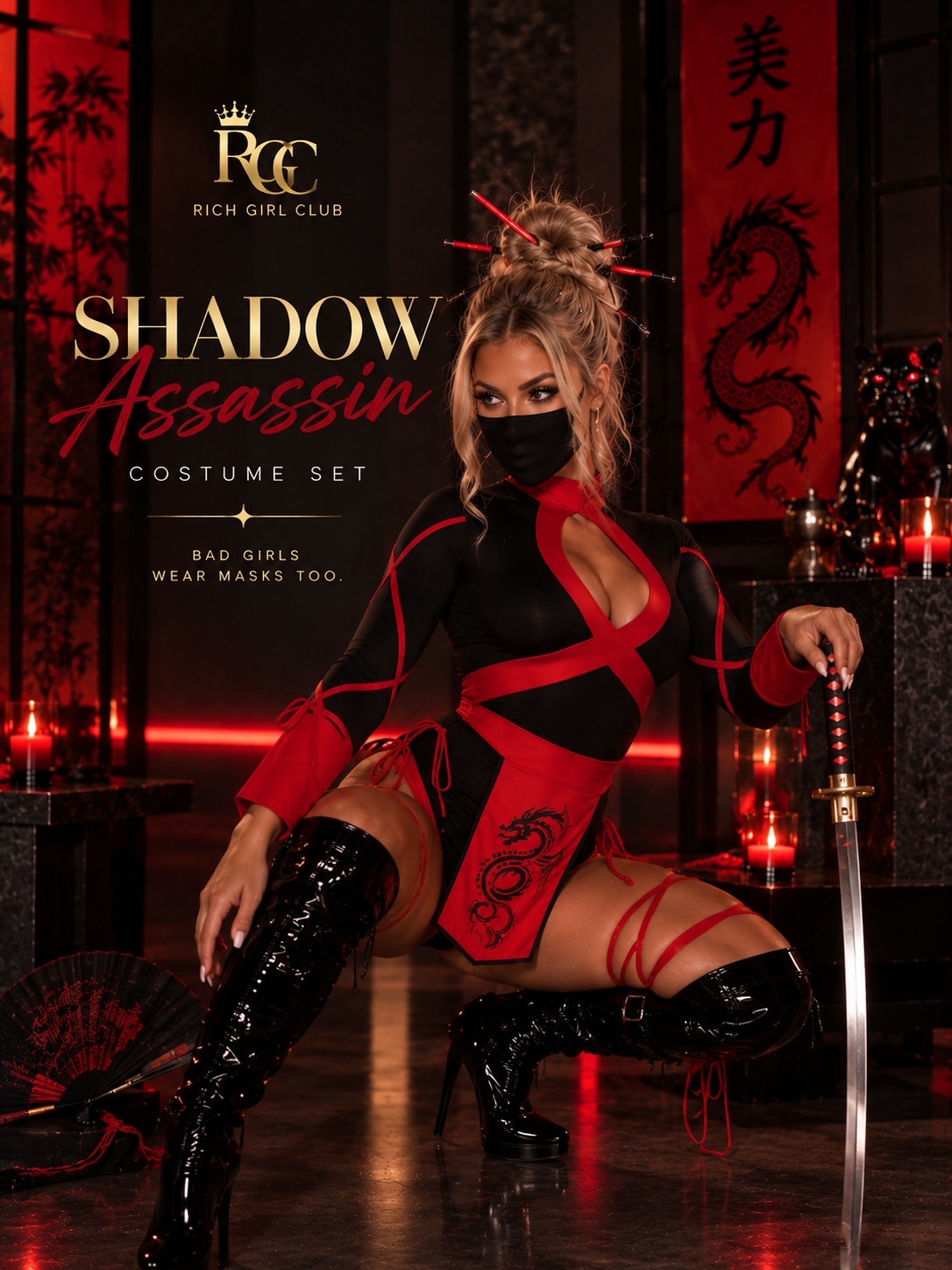 Shadow Assassin costume showing the fitted silhouette and statement thigh ties.
