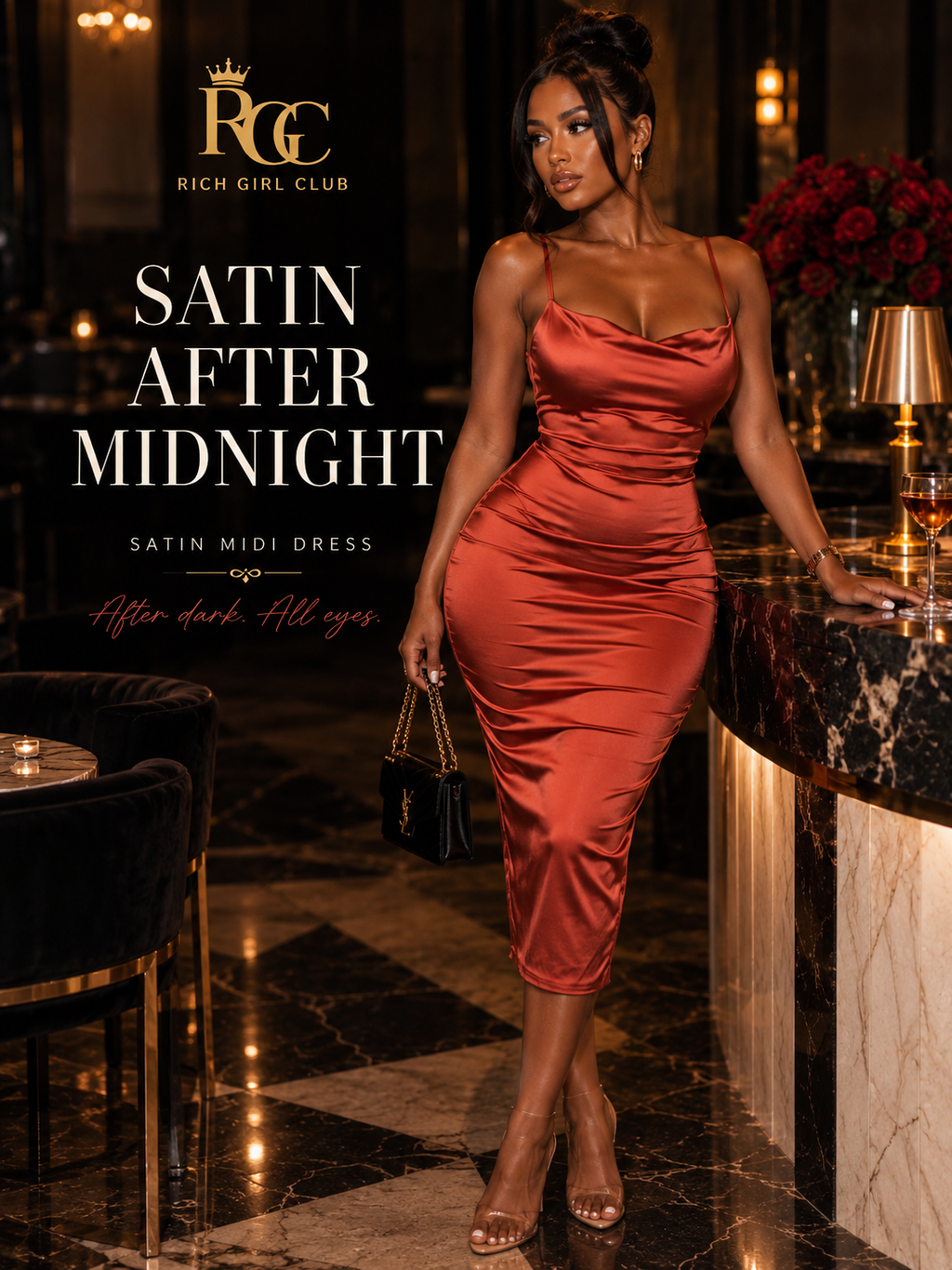 Satin After Midnight fitted satin-look midi dress with a draped cowl neckline.
