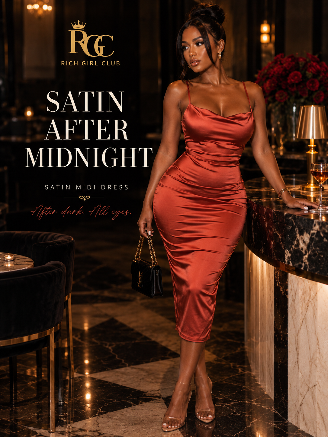 Satin After Midnight fitted satin-look midi dress with a draped cowl neckline.