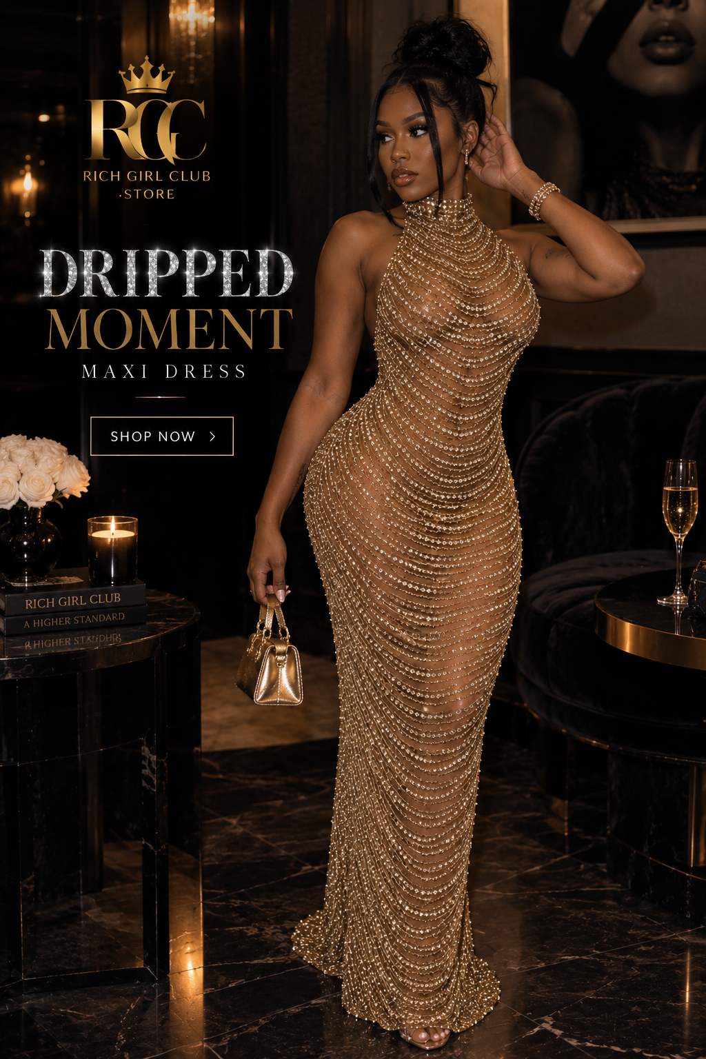 Dripped Moment Maxi Dress showing the fitted mesh silhouette and crystal detailing.