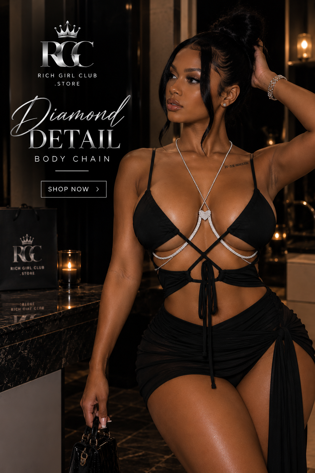 Diamond Detail Body Chain RGC campaign hero featuring the rhinestone heart body jewelry