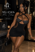 All Eyes Mini Dress in black on an adult model in an RGC luxury after-dark campaign