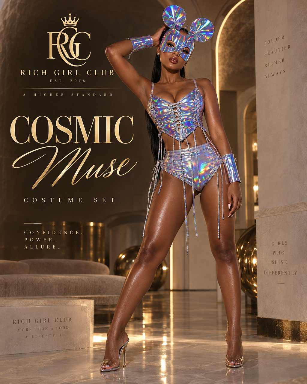 Cosmic Muse Set RGC campaign hero on an adult model, showing the holographic lace-up top, matching shorts, headgear, and metallic accessories.