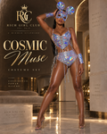 Cosmic Muse Set RGC campaign hero on an adult model, showing the holographic lace-up top, matching shorts, headgear, and metallic accessories.