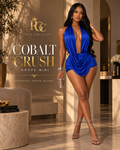 Deep End Draped Romper RGC campaign hero featuring the blue plunging halter romper on an adult model