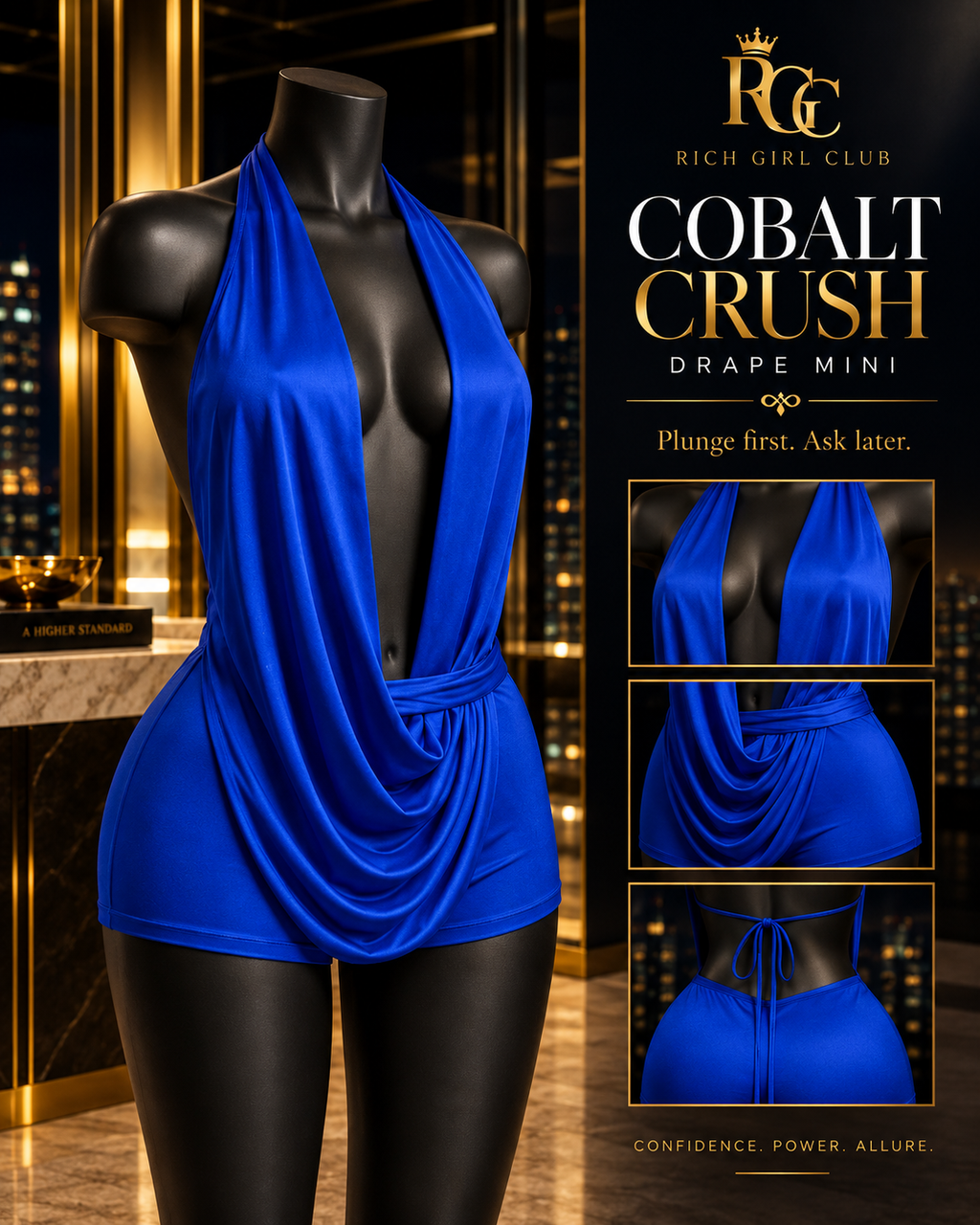 Deep End Draped Romper RGC mannequin detail showing the blue draped front, fitted shorts and open-back ties