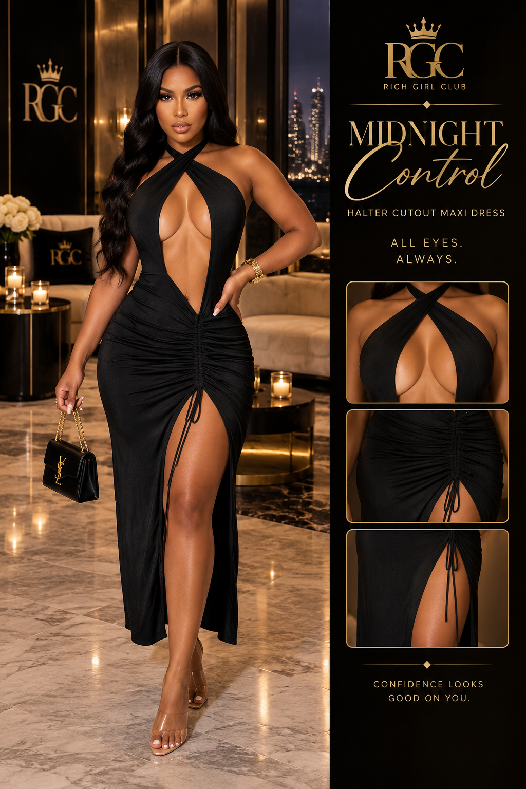 Midnight Control Halter Cutout Maxi Dress RGC campaign featuring the black ruched maxi dress