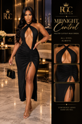 Midnight Control Halter Cutout Maxi Dress RGC campaign featuring the black ruched maxi dress