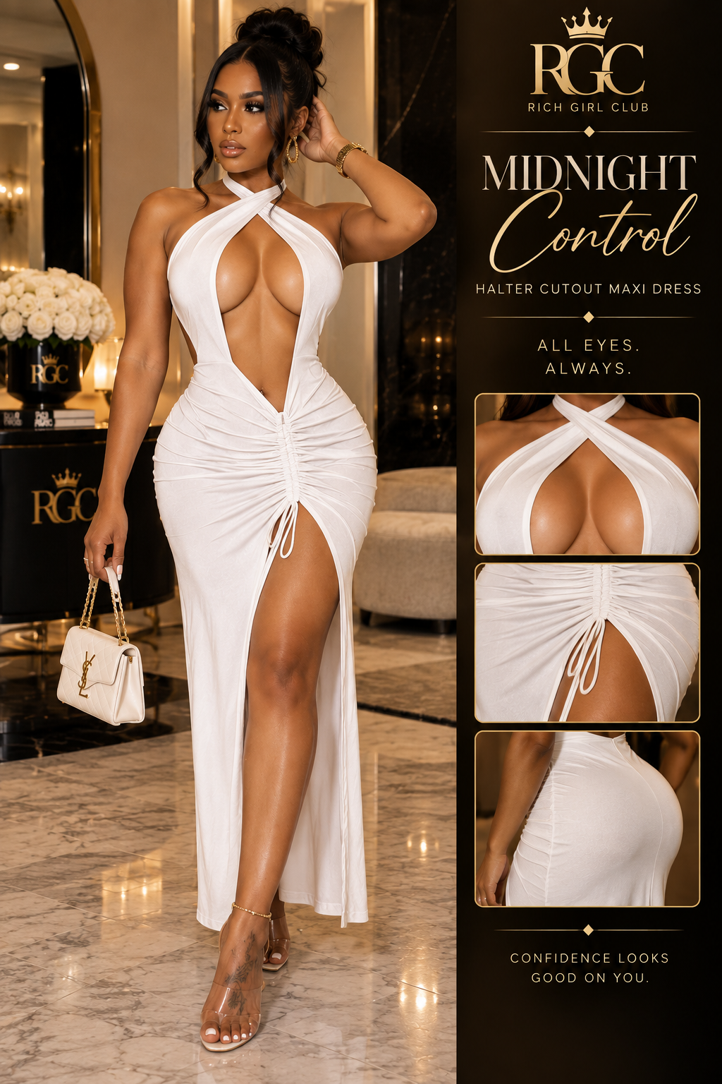 Midnight Control Halter Cutout Maxi Dress RGC campaign and detail views featuring the white ruched maxi dress