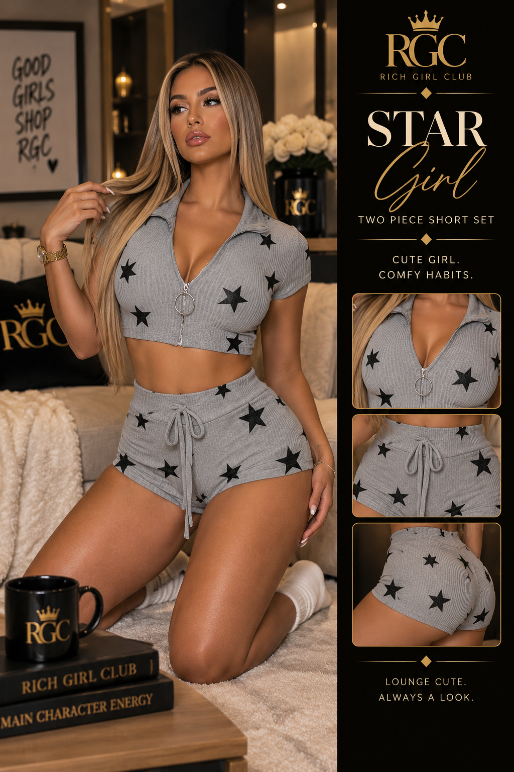 Star Girl Two-Piece Short Set RGC product detail in light grey with black stars
