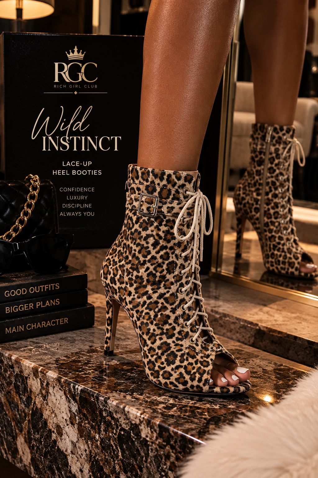 User-added RGC Wild Instinct campaign image featuring leopard-print lace-up open-toe stiletto booties