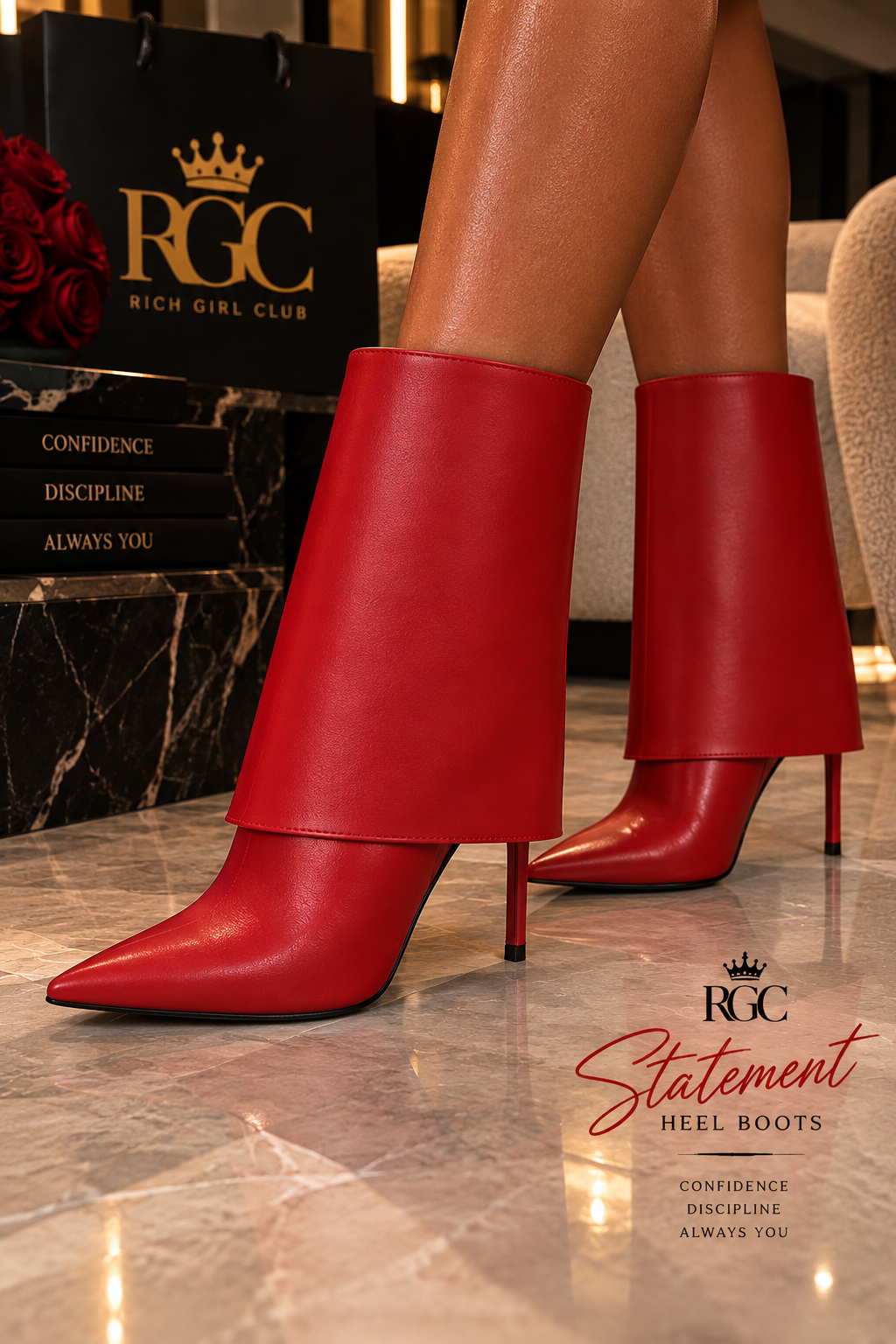 User-added RGC Statement Heel Boots campaign image featuring red pointed-toe stiletto boots
