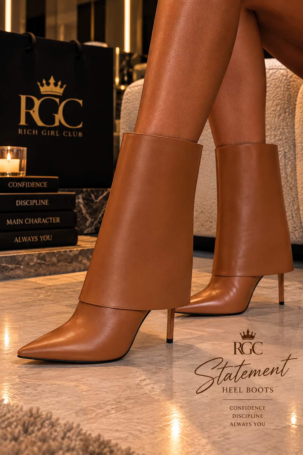 RGC Statement Heel Boots campaign image featuring brown smooth-PU pointed-toe stiletto boots