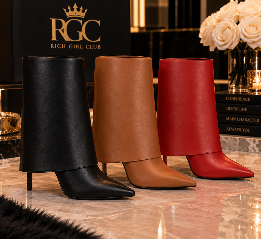 RGC Statement Heel Boots product detail showing black, brown, and red smooth-PU pointed-toe stiletto boots