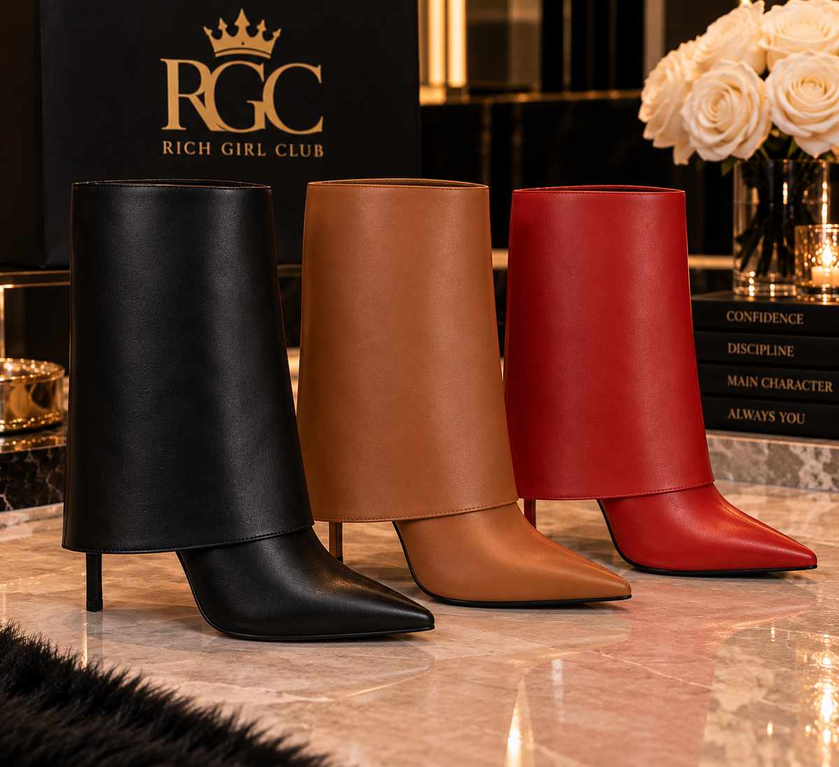 RGC Statement Heel Boots product detail showing black, brown, and red smooth-PU pointed-toe stiletto boots