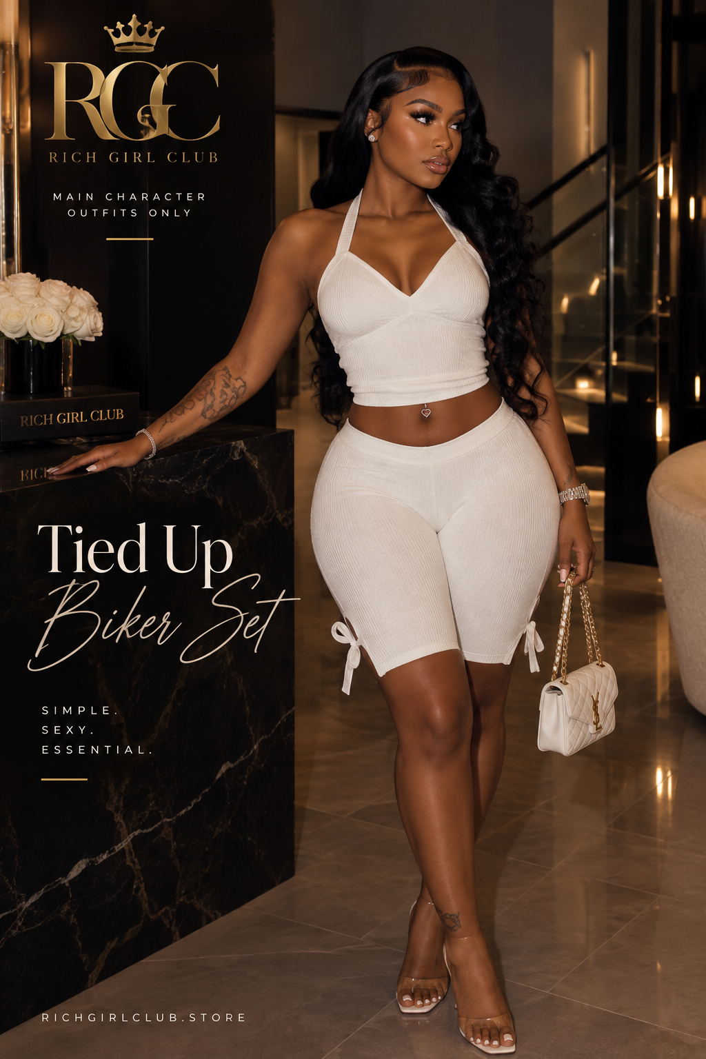 Model wearing a white halter crop top and white side-tie cropped pants in a Rich Girl Club campaign image.