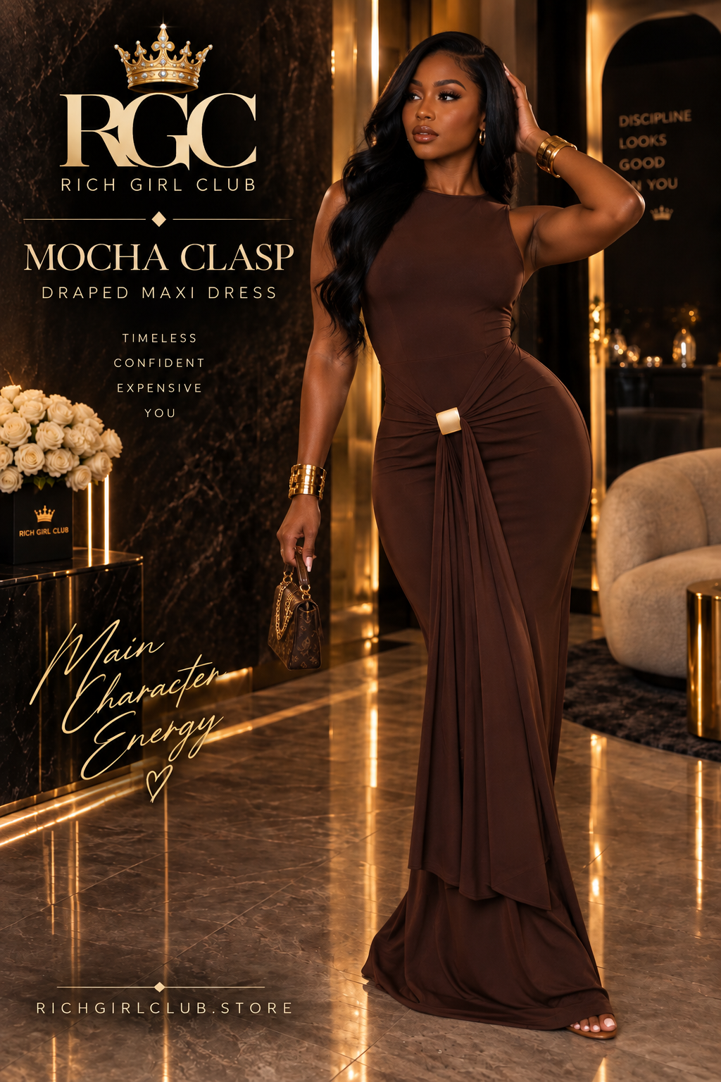 Mocha Clasp Draped Maxi Dress