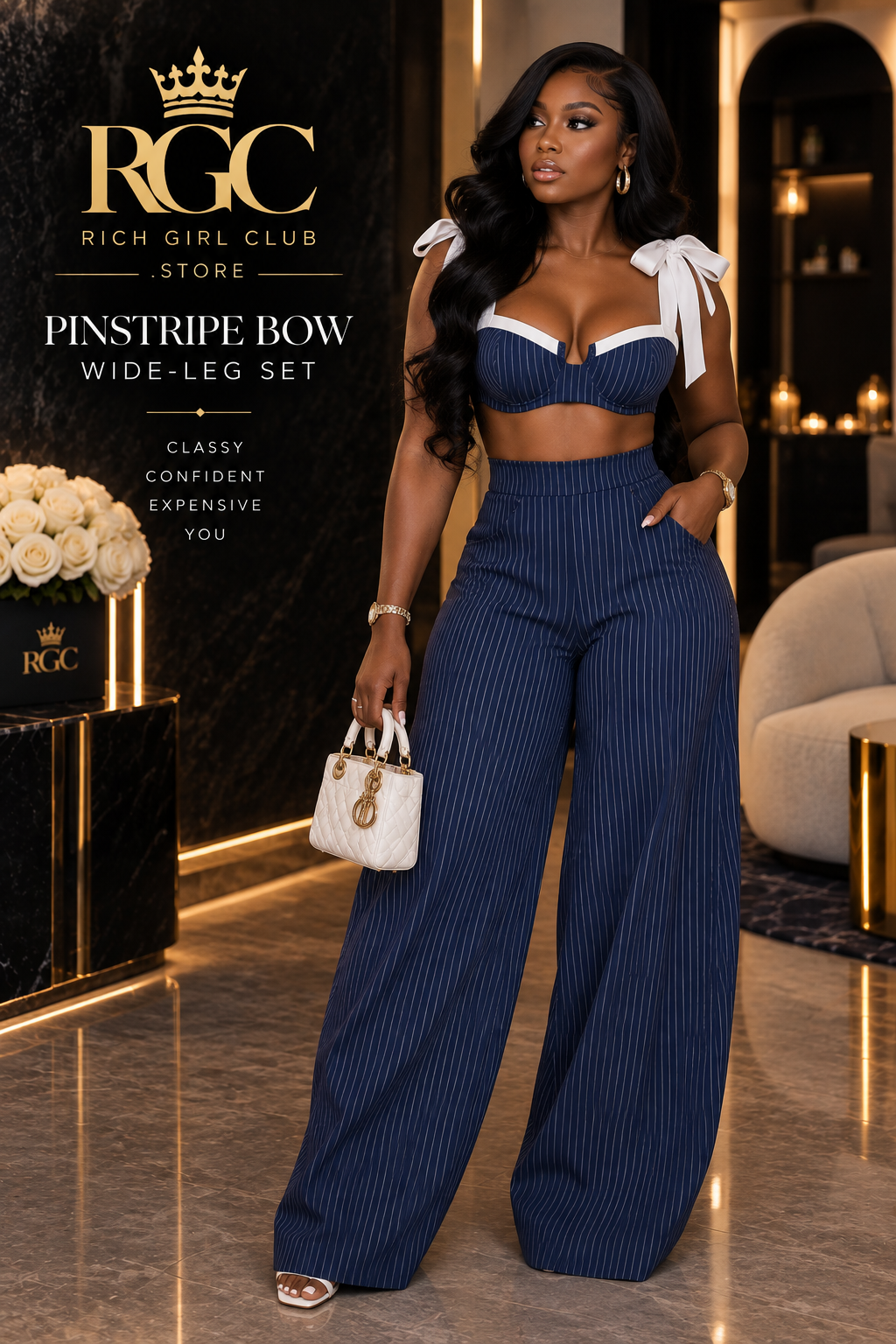 Pinstripe Bow Wide-Leg Set