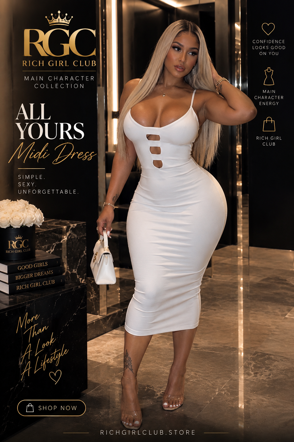 Blonde model front view in the All Yours white ladder-cut midi dress with three front openings