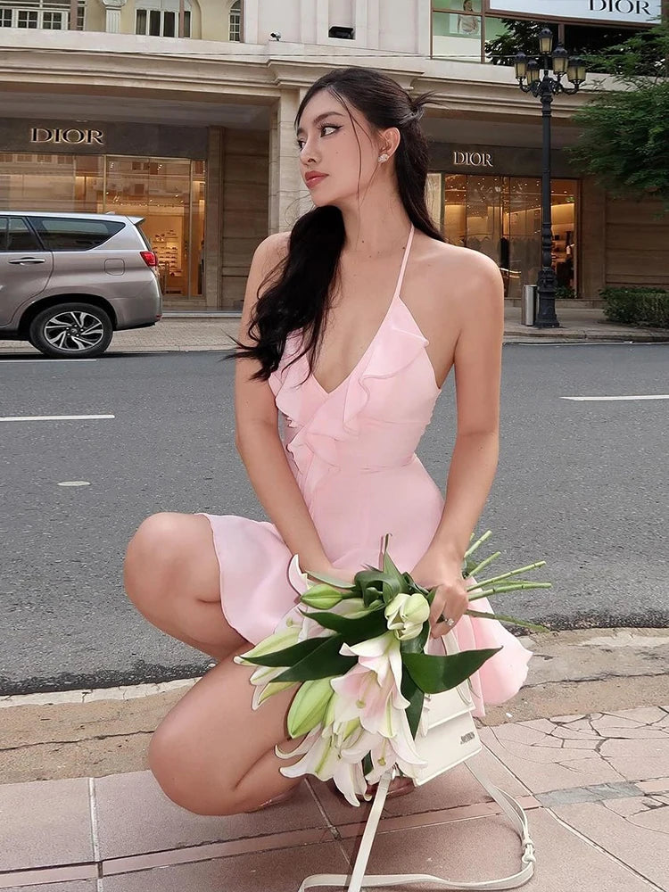 Halter Ruffle Backless Dress