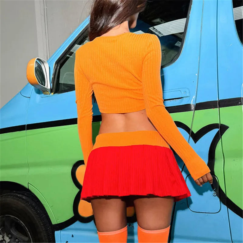 Orange Crop Top & Pleated Skirt Costume Set