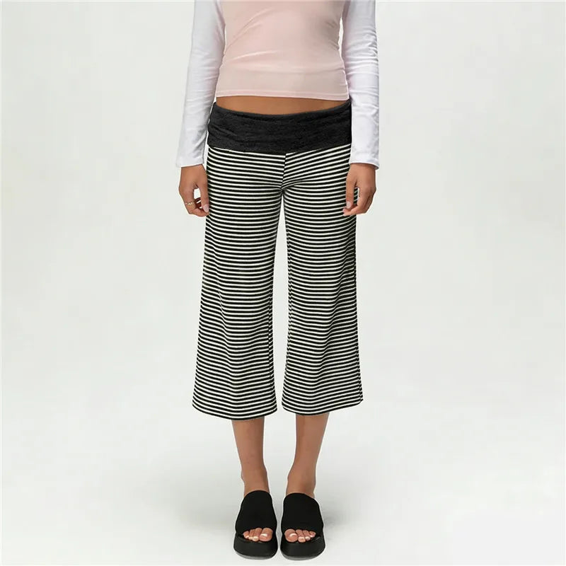 Black-and-white striped Uptown Wide-Leg Gauchos with solid black fold-over waistband, front view